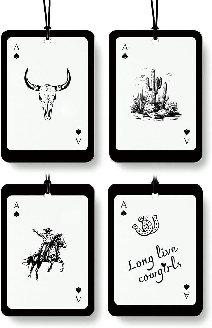 Vintage Western Car Air Freshener 4 Pcs, Long Live Cowgirls Cow Skull Cactus Ace Card Hanging Air Freshener for Cars Closet Drawer Books, Retro Western Car Accessories Mirror Decor for Women