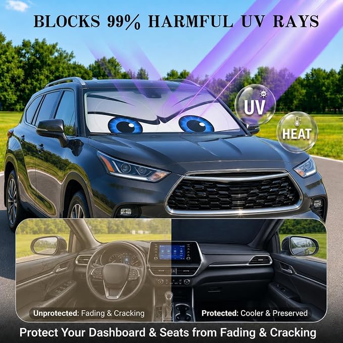 Car Windshield Sun Shade, Universal Fit Full-Size SUV Pickup MVP, Cool Gray | 63 x 33.86" Large Windshield Cover, Foldable Front Window Sunshade, UV Heat Protection, Cute Eyes Series