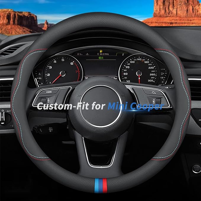 Deer Route Custom-Fit for Mini Steering Wheel Cover, Premium Leather Car Steering Wheel Cover with Logo, Non-Slip, Breathable, for Mini Accessories (C-Style,for Mini Cooper)