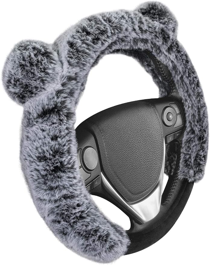Bear Fur Plush Steering Wheel Cover - Cute Faux Wool Protector for Women Girls Fits Wheels 14.5-15 inch Gray - with Ears