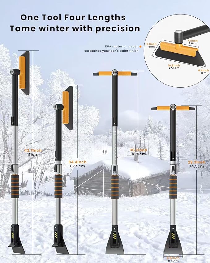 43.7" Extendable Ice Scrapers for Car Windshield for 12 Adjustable Length Settings with Foam Grip and 360° Pivoting Brush Head Detachable Snow Brush for Truck SUV(Orange)