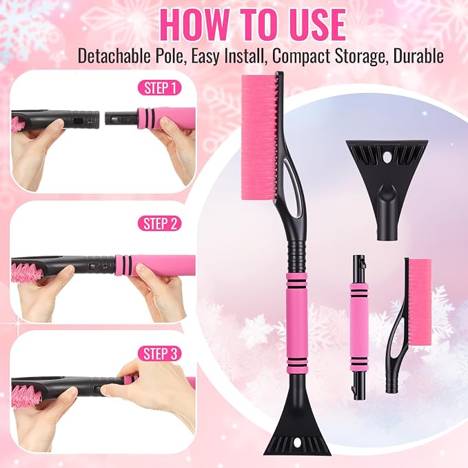 24'' Snow Brush and Ice Scraper for Car Windshield, 2 in 1 Detachable Snow Scraper with Soft Grip Handle and Additional Handhold, Multi-Functional Removal Tool for Car, Truck, SUV(Pink)