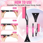 24'' Snow Brush and Ice Scraper for Car Windshield, 2 in 1 Detachable Snow Scraper with Soft Grip Handle and Additional Handhold, Multi-Functional Removal Tool for Car, Truck, SUV(Pink)