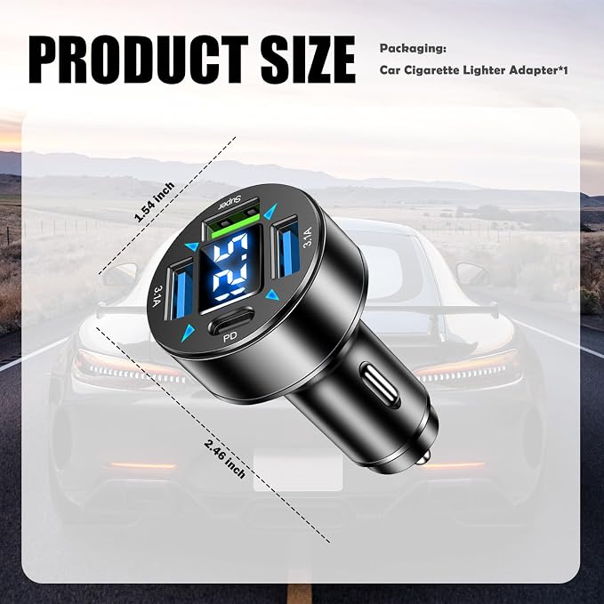 4 Ports Car Charger Adapter,12V/24V Car Cigarette Lighter USB Charger Including 3.1A/PD/Super Fast Charging Ports,Upgraded Cars Phone Chargers with LED Voltage Display & Soft Light