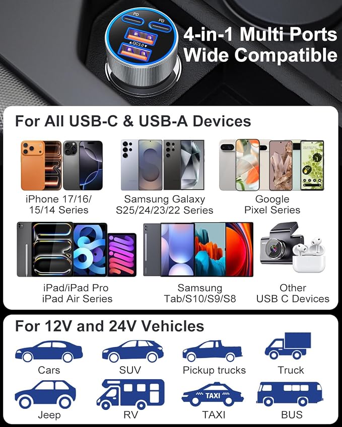 90W Car Charger USB C, Dual 45W Super Fast Charging Car Phone Charger | Multi Port QC/PD 3.0, Cigarette Lighter USB Charger, 12V-24V USB Outlet Adapter Plug for iPhone 17 16 15 14 Samsung Android