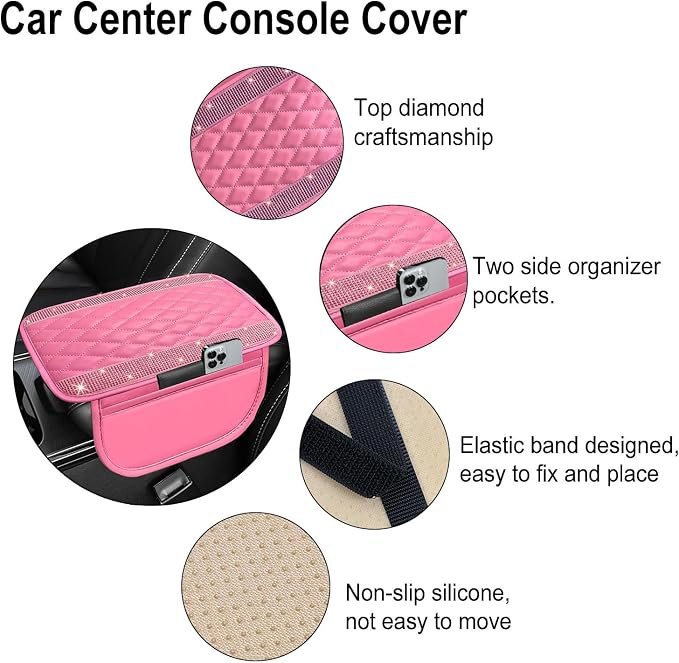 Bling Pink Car Center Console Cover, Leather Car Arm Rest Cover with 2 Storage Bags, Universal Auto Armrest Protector Storage Box, Pink Bling Accessories Interior for Most Vehicles