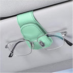 Sunglasses Holder for Car Sun Visor, Vehicle Magnetic Leather Eyeglass Hanger, Sun Glasses Mount Clip on Visors, Ticket Card Cash Organizer, Auto Interior Accessories (Light Green, 1 PCS)