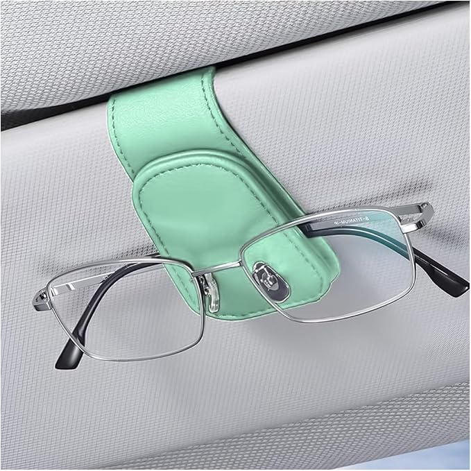 Sunglasses Holder for Car Sun Visor, Vehicle Magnetic Leather Eyeglass Hanger, Sun Glasses Mount Clip on Visors, Ticket Card Cash Organizer, Auto Interior Accessories (Light Green, 1 PCS)