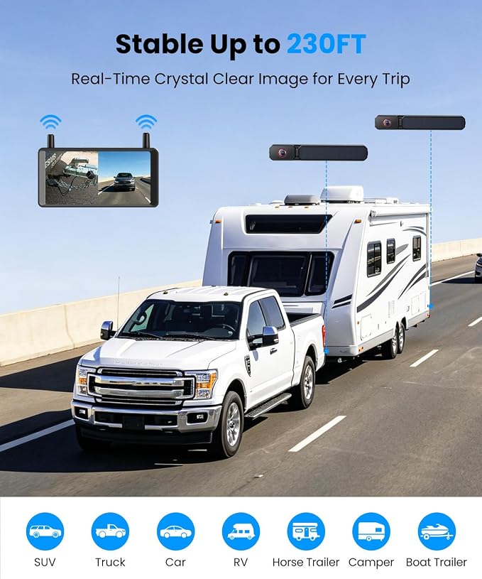 2 Solar Wireless Backup Camera: Dual Antenna for Stable Live View | 1Min Quick Install, 6" Dual-Split Screen with 1080P Color Night Vision, Long Battery Rechargable for Car Truck Trailer