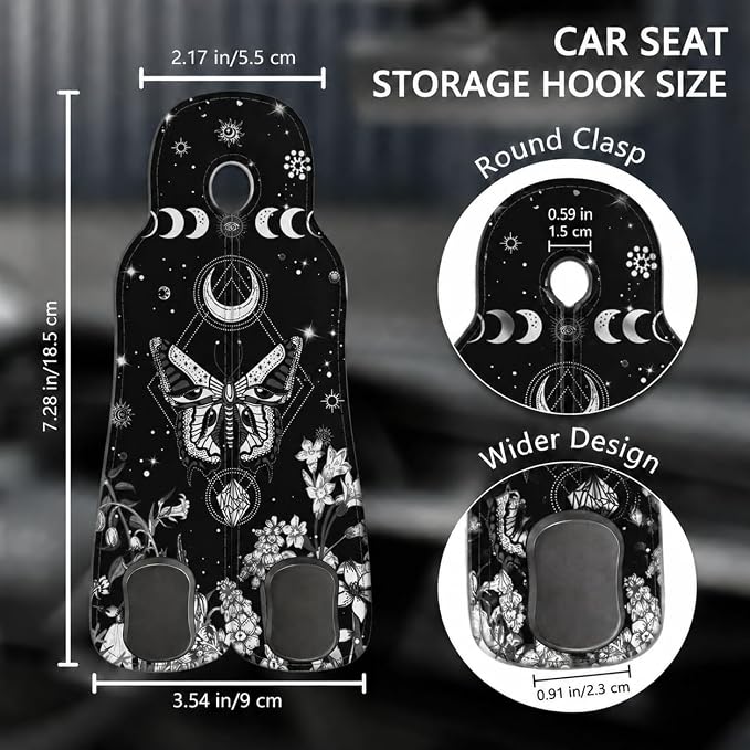 Cute Moon Phase Moth Car Seat Back Storage Headrest Hooks for Purses & Bags – 2PCS PU Leather Dual Metal Hooks, Backseat Organizer Accessories