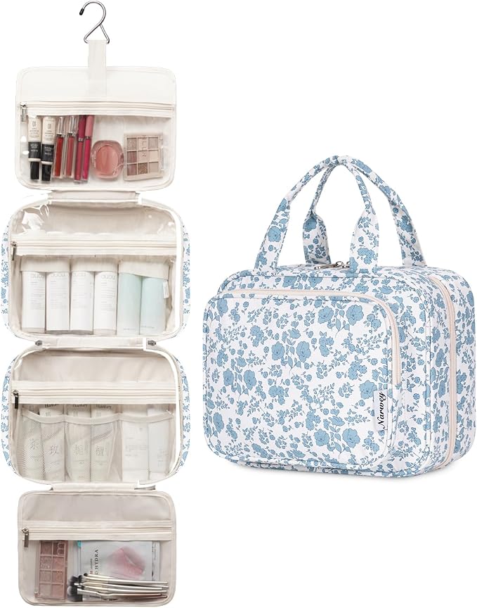 Travel Toiletry Bag for Women Large Hanging Makeup Bag Organizer Toiletries Bag for Full Size Essentials Accessories Cosmetics (Blue Flower (Large))