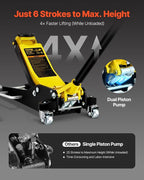 3 Ton Low Profile Aluminum & Steel Racing Floor Jack | Dual Pistons Quick Lift Pump, Sport Utility Vehicle, Lifting Range 3-6/11"-19-11/16", Yellow & Black