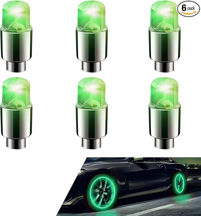 6 PCS LED Tire Valve Stem Cap Lights, 360 Degree Visibility Rotating Flash, Waterproof Wheel Lights for Trucks, Cars, SUVs (Green)
