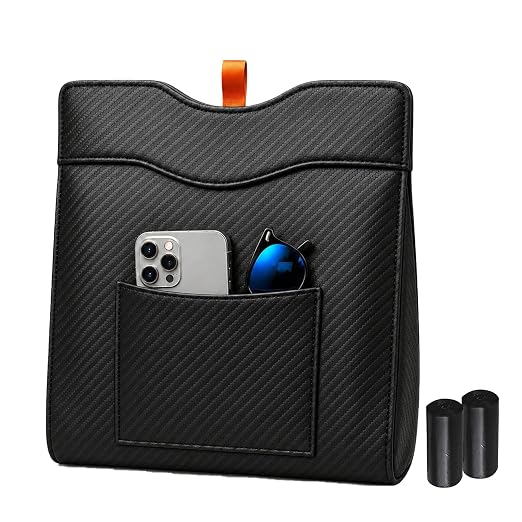 Leather Car Trash Can, Leak-Proof Odor-Lock Car Garbage Can with 60 Liners, Magnetic Closure & Liner-Hold, Storage Pocket, Metal Hooks, Hanging Car Trash Bin for SUV Sedan Truck, Carbon Fiber