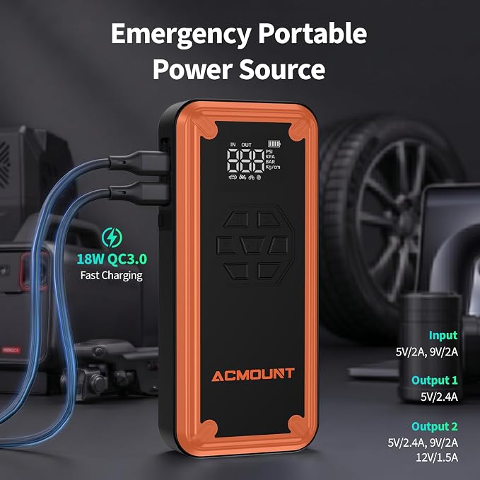 W160 Jump Starter with Air Compressor, 5000A Portable Car Jump Starter 150PSI Tire Inflator/Air Pump, 12V Battery(Up to 9L Gas/8L Diesel Engine) Jump Pack Car Emergency Kit Idea Gift for Man (Orange)