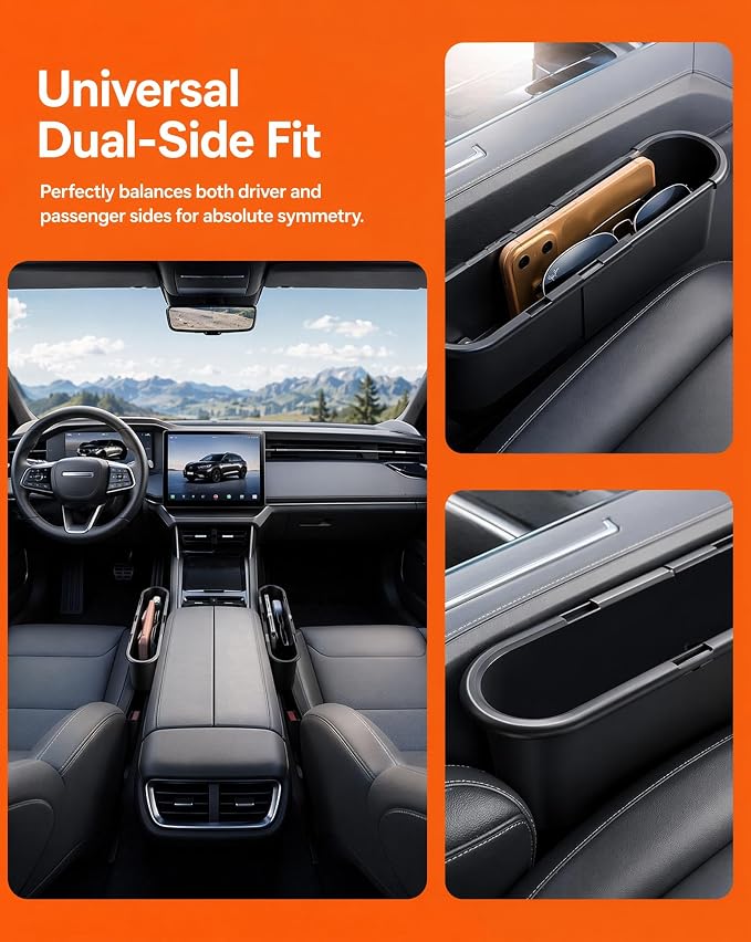 2-Pack Expandable Car Seat Gap Organizer, Adjustable 185-265mm | Driver & passenger side pockets, sliding gap storage box, fits phone keys wallet, seat gap filler set, stop drops