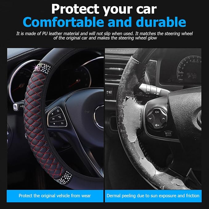 Bling Car Steering Wheel Cover, 15 Inch Rhinestones Soft Leather Elastic Steering Wheel Protector, Sparkly Crystal Diamond for Women Girls (Black/Red)