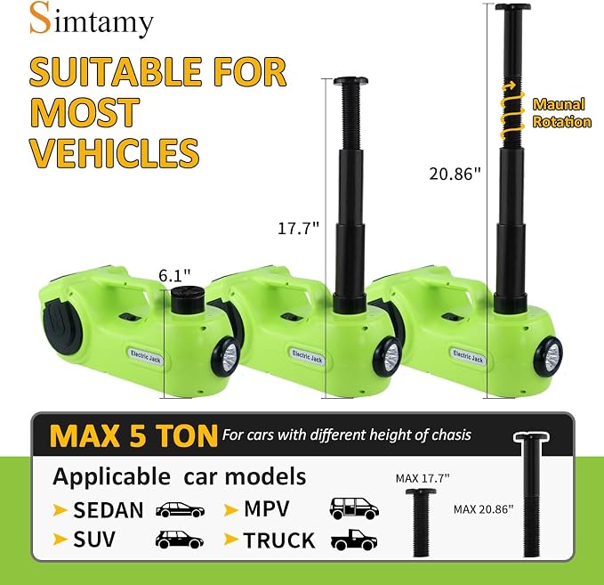 Electric Car Jack Kit 5Ton 12V Car Jack Hydraulic (Lifting Range: 6.1-20.86 inch) with Impact Wrench & Inflator for SUV MPV Sedan Truck with LCD Tire Pressure Display