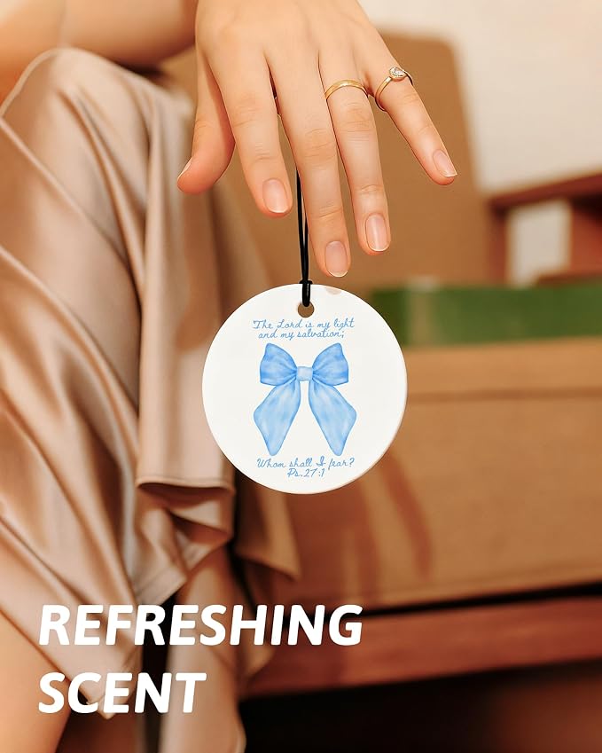 Blue Christian Round Car Air Freshener 4 Pcs, Girly Blue Bow Floral Religious Hanging Air Freshener for Cars Closet Drawer Books, Cute Preppy Christian Car Accessories Mirror Decor for Women