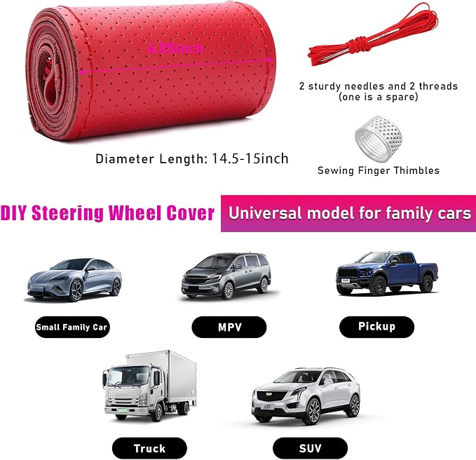 Genuine Leather Steering Wheel Cover, Stitch on Wrap, Breathable Anti-Slip Car Steering Wheel Protector for Max Diameter 15 Inch, DIY Sewing with Needles Thread (Red, Hole)