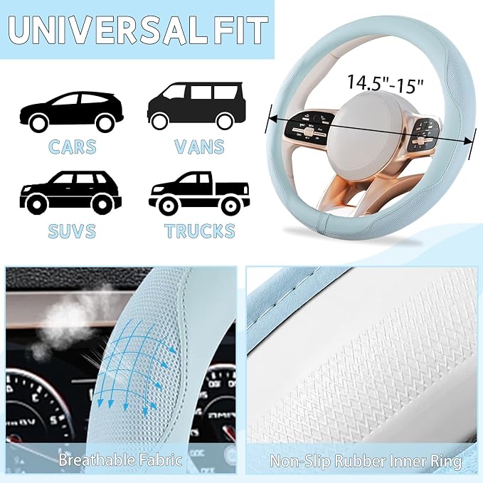6 PCS Nappa Microfiber Leather Blue Steering Wheel Cover Set, Breathable Fabric Steering Wheel Cover 14.5-15inch Universal, Car Center Console Cover, Seat Belt Cushion, Cup Holder Coaster
