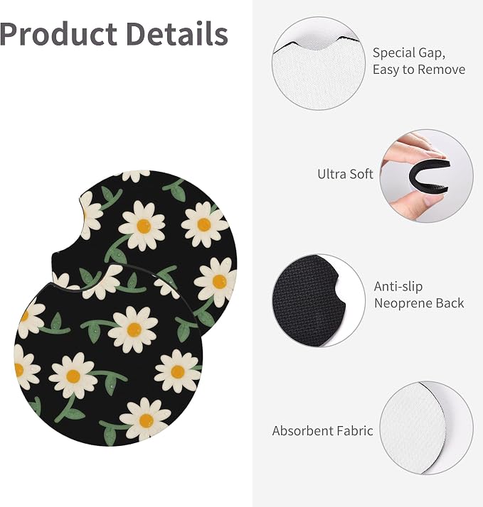 Daisy Flower Steering Wheel Cover 15 Inch + 2Pc Cute car Coasters Set | Anti-Slip Breathable Universal Car Wheel Cover Soft Comfort Grip Accessories for Women Men