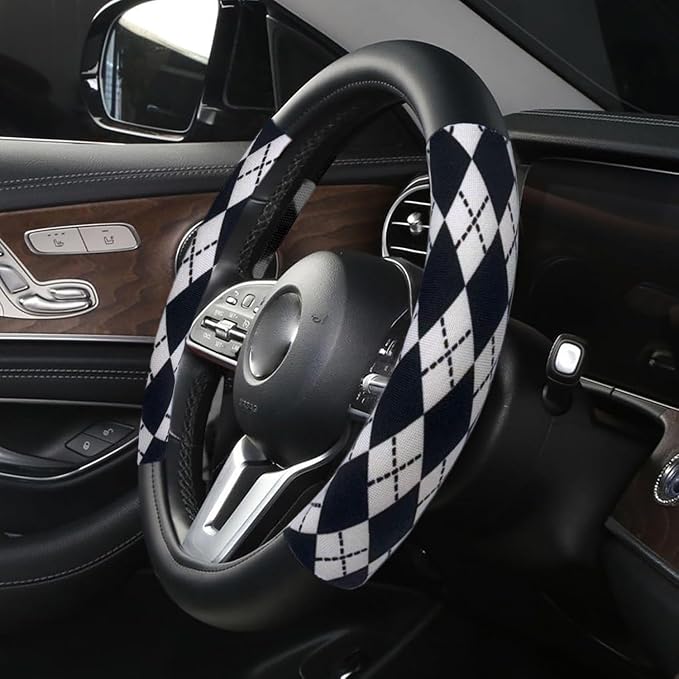 Lattice Car Steering Wheel Cover Microfiber Leather Non-Slip Comfort Universal 15 inch Checkered Plaid Wheel Protector for Truck, SUV, Cars (Black)