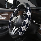 Lattice Car Steering Wheel Cover Microfiber Leather Non-Slip Comfort Universal 15 inch Checkered Plaid Wheel Protector for Truck, SUV, Cars (Black)