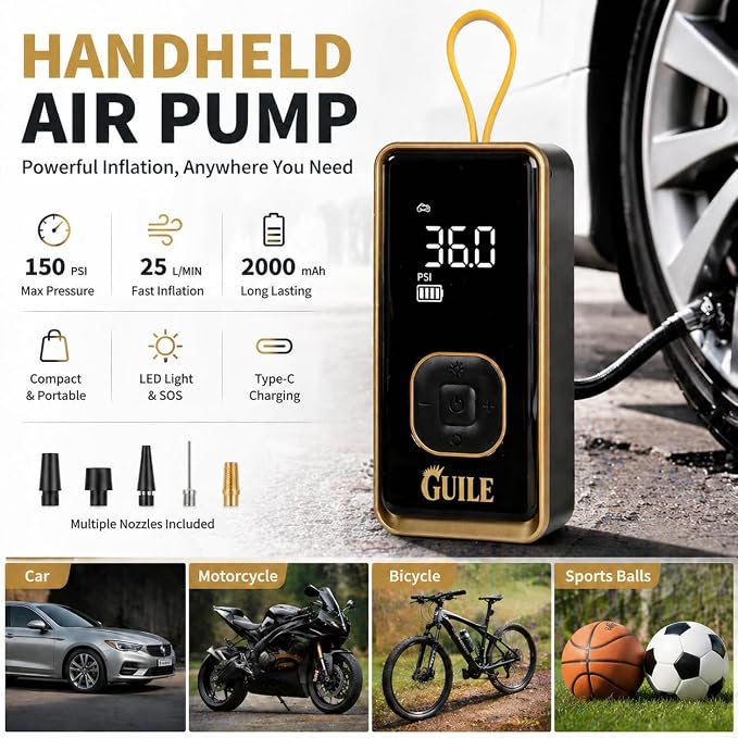 Portable Tire Inflator Air Compressor - 150PSI Smart Cordless Car Tire Pump with Digital Pressure Gauge, Auto Shut-Off, Rechargeable Battery Power Bank for Car, Motorcycle, Bicycle, Ball