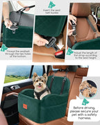 Dog Booster Car Seat for Small/Medium Dogs,6in Elevated Cushion,Fully Detachable and Washable,2 Storage Pockets & 3 Straps,Fits in Front/Back Seat,Easy to Install (Green,Medium)