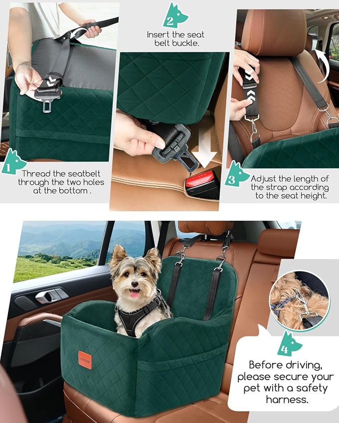 Dog Booster Car Seat for Small/Medium Dogs,6in Elevated Cushion,Fully Detachable and Washable,2 Storage Pockets & 3 Straps,Fits in Front/Back Seat,Easy to Install (Green,Medium)