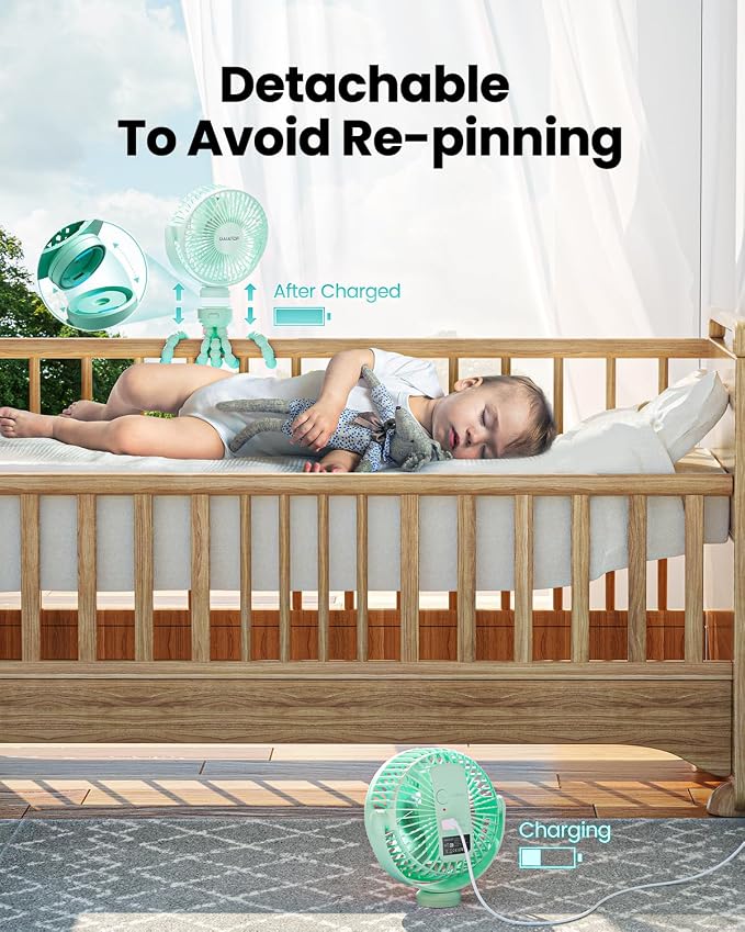 Mini Portable Stroller Fan, Battery Operated Small Clip on, Detachable 3 Speed Rechargeable, 360° Rotate Flexible Tripod Better Cooling for Car Seat Crib Treadmill Travel Green