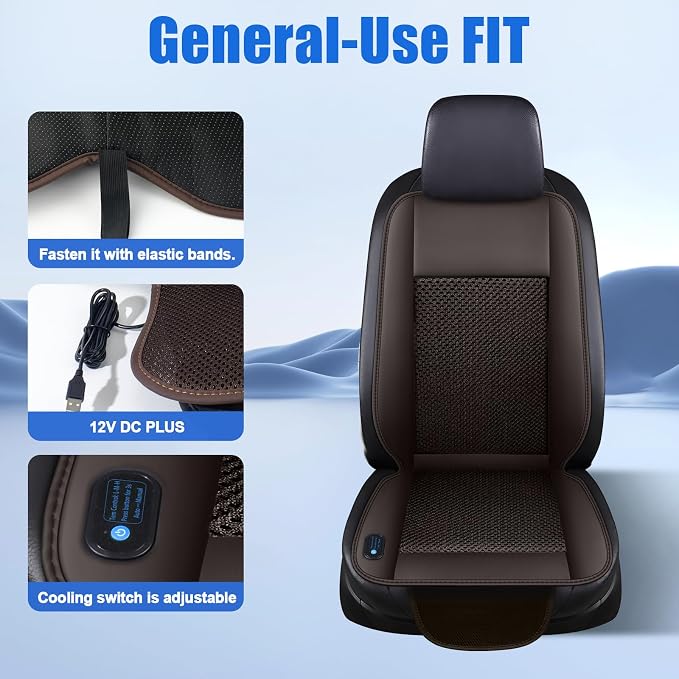 Cooling Car Seat Cushion – 3 Speeds Adjustable Ventilated Car Seat Cover for Cars Without AC, Breathable Automotive Cooling Seat Cover, 12V Plug & Play, Brown (1 Pack)