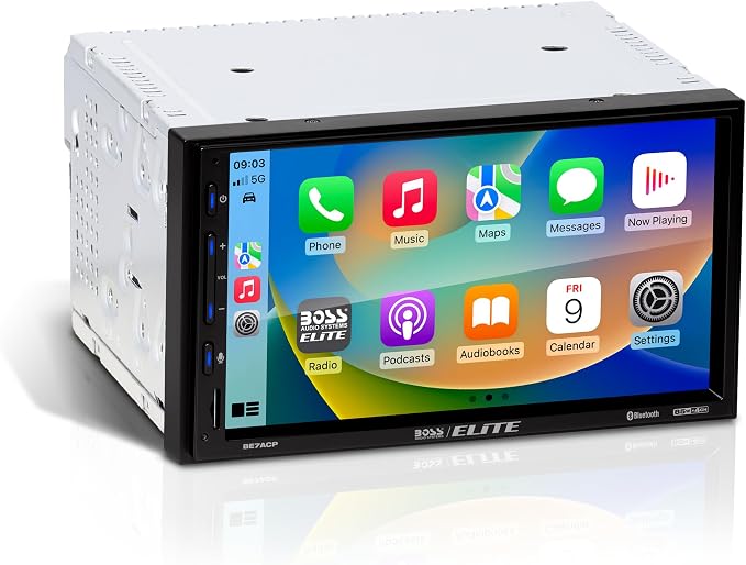 Elite BE7ACP Car Stereo - 7" Display, Apple CarPlay & Android Auto Head Unit, Double DIN Touch Screen Car Stereo, Bluetooth, AM/FM Radio Receiver, USB, SD, No CD/DVD Player