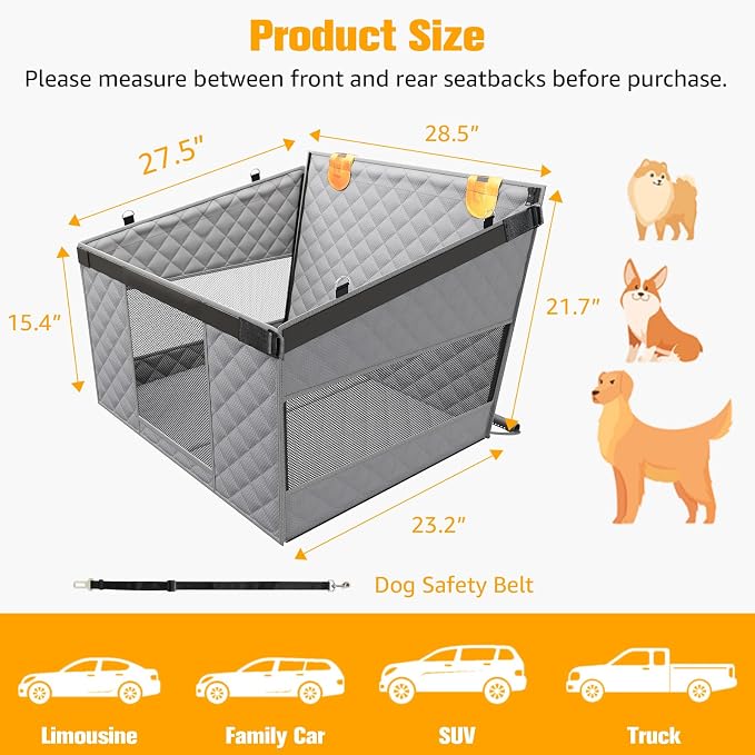 Large Dog Car Seat, Back Seat Extender for Dogs with 3 Mesh Windows, Waterproof Medium Carseat for Dogs with Hard Bottom, Pet Seat Cover for Cars, Trucks and SUVs
