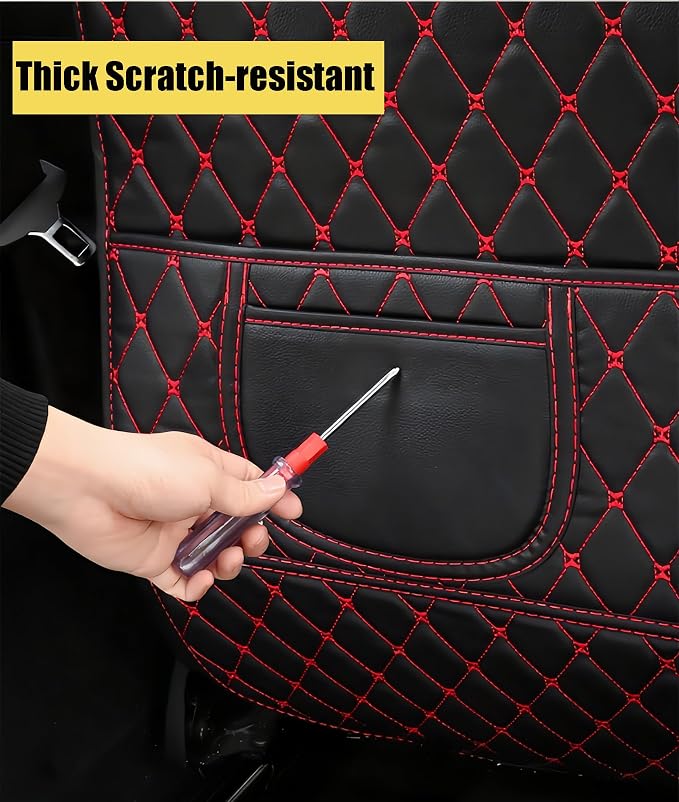 Leatherette Car Seat Protector - 2 Pack Large Car Kick Mats with Storage Organizer Seat Back Cover Against Dirty Shoes & Scratches, Universal Fit for Most Vehicles (Black with Red Line)