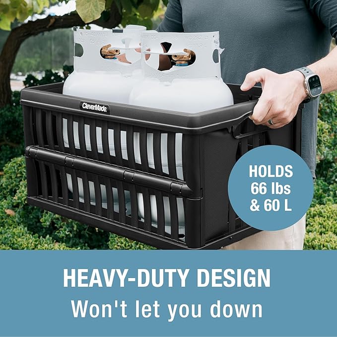 60L Collapsible Utility Crate (66 lb Capacity), Heavy Duty Folding Storage Crate, Stackable Plastic Organizer for Car Trunk, Garage & Groceries, 23 x 15 x 12 in, Obsidian