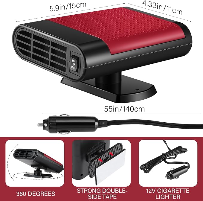 2 Pcs 12V 150W Portable Car Heater Defroster 2 in 1 Modes Automobile Windscreen Fan Heating and Cooling Windshield Fan Defroster Demister with Plug into Cigarette Lighter (Red)