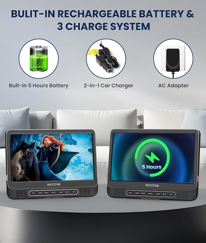 12" Dual Car DVD Players Portable DVD Players for Car Headrest Play a Same or Two Different Movies with 5-Hour Rechargeable Battery, Mounting Brackets, All Region, Support USB/Sync TV