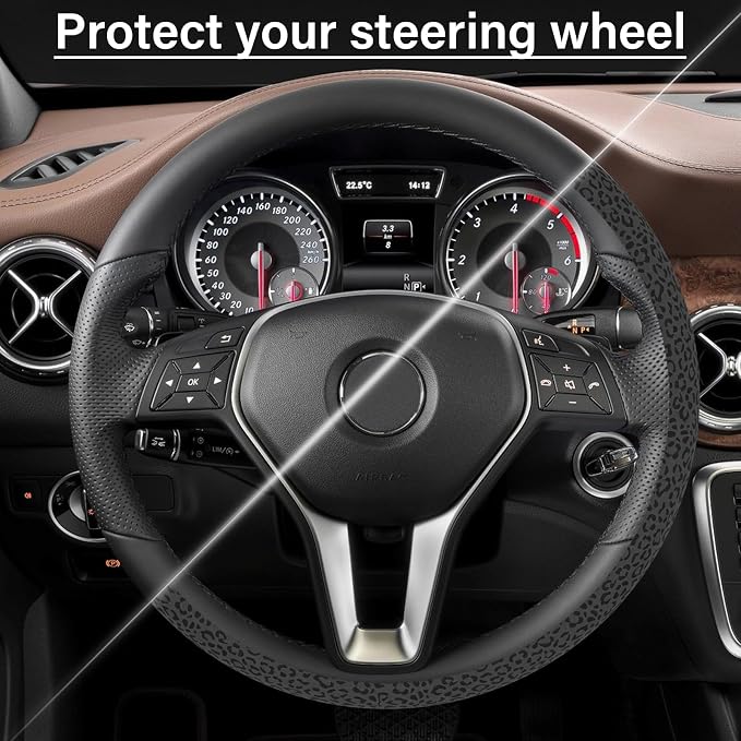 Leopard Print Steering Wheel Cover for Women Men, Anti-Slip Breathable Cute Steering Wheel Protector, Car Accessories Interior, Universal 14" 02/2-15" Fit Auto, Suvs