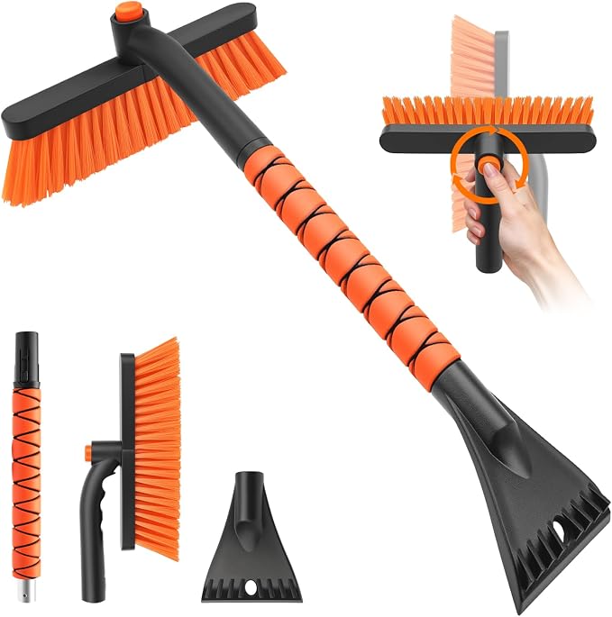 Snow Brush and Ice Scrapers for Car Windshield, Detachable Snow Remover for Cars EVA Foam Grip and Rotatable Brush Head Snow Scraper for Car Trucks SUV, Winter Cars Accessories (Orange)