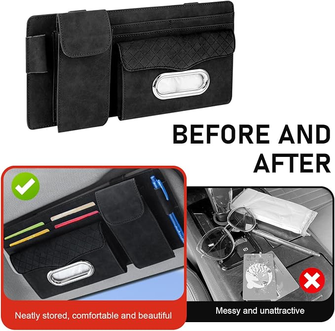 Car Sun Visor Organizer, Multi-compartment Storage Clip for Tissues ID Cards Sunglasses, Suede-like Premium Vehicle Visor Decorative Accessories, Universal for Most Vehicles (Black)