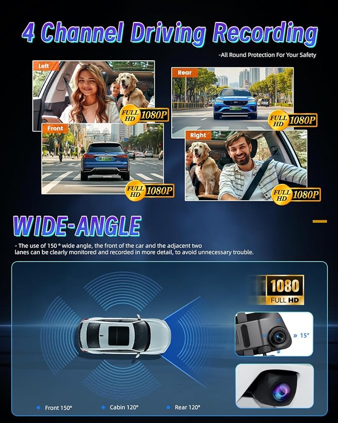 12'' Rearview Mirror Camera for Cars, 360 Degree View 4 Channel Cam, 1080Px4 Rear View Mirror Cam, IR Night Vision for Left and Right Inside Car Camera, GPS, WiFi/APP Control + 64GB Card