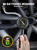 Analog Tire Inflator Gauge with Steel Braided Hose, 100 PSI Mechanical Tire Pressure Gauge – 3-in-1 Inflate/Deflate/Measure, 2.6" Glow Dial, Air Chuck for Car, Truck, SUV, RV, Bike (with Case)