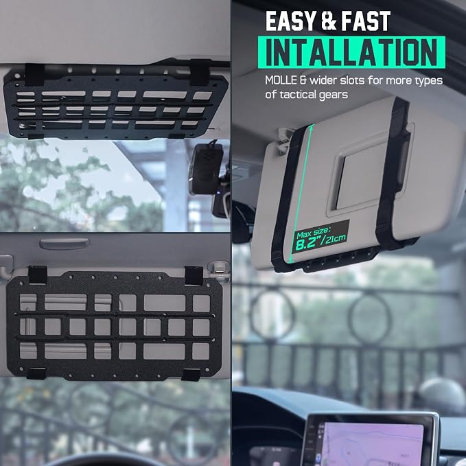 Car Sun Visor Organizer, Rigid Molle Panel Visor Accessories, Modular Vehicle Visor Holder for Tactical Gears and Molle Pouches, Fit Most Vehicles, SUVs, Jeeps, and Trucks