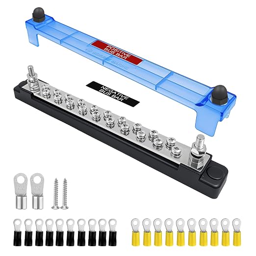 20 Power/Ground Distribution Block, Marine Bus Bar 12V Waterproof 150A Battery Terminal Junction Block for Automotive RV Solar Wiring, Boat Bus Bar Kit 2 x M6 Posts, 20 x M4 Terminal Screws