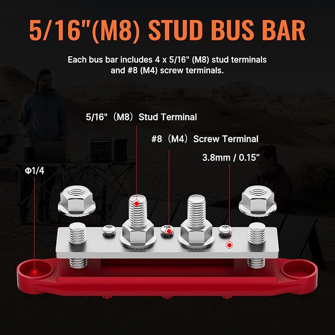 Power Distribution Block Bus Bar 12V 250A with 4 x 5/16"(M8) Studs Marine Bus Bar 12 Volt DC Battery Busbar Terminal Block for Automotive, Car, Boat, Solar Wiring - Negative&Positive