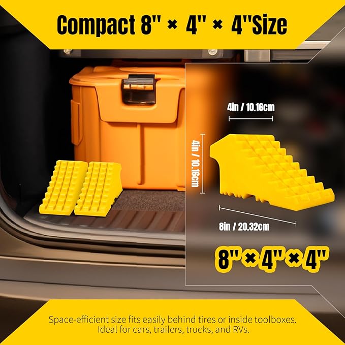 High Visibility Poly Foam Wheel Chock 2-Pack | 8" x 4" x 4" Lightweight Tire Stop | Slip-Resistant Rubber Base | Built-in Handle | Safety Yellow (50503)