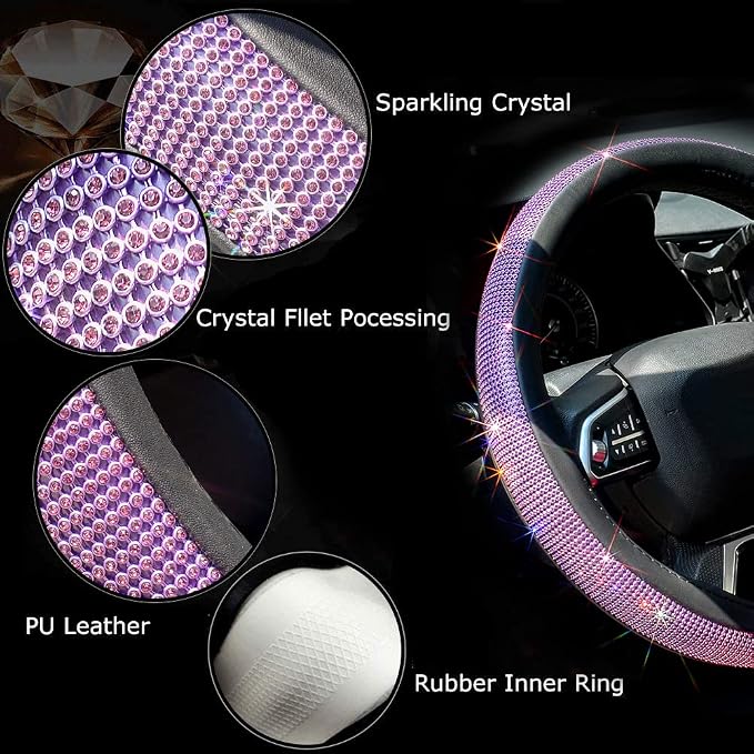 New Diamond Leather Steering Wheel Cover with Bling Bling Crystal Rhinestones, Universal Fit 15 Inch Car Wheel Protector for Women Girls Purple Diamond