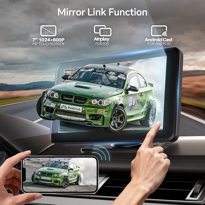 Wireless CarPlay & Android Auto Car Stereo - 7" HD Portable Touchscreen with Bluetooth 5.2, GPS Navigation, Mirror Link, 1080P Backup Camera, AUX & FM Transmitter - Plug & Play Receiver for Vehicles